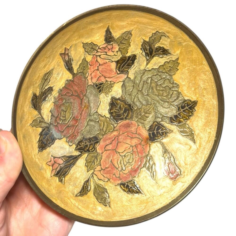 Cloisonne Enamel Brass Metal Decorative Bowl Pedestal Floral‎ India Trinket Dish